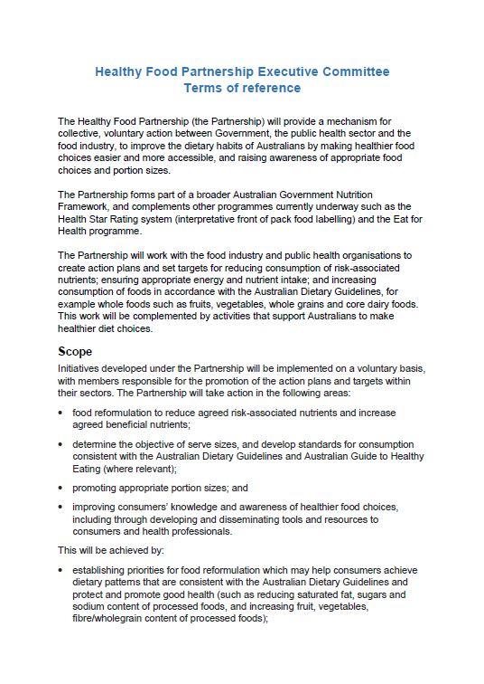 Cover image for Healthy Food Partnership Executive Committee terms of reference