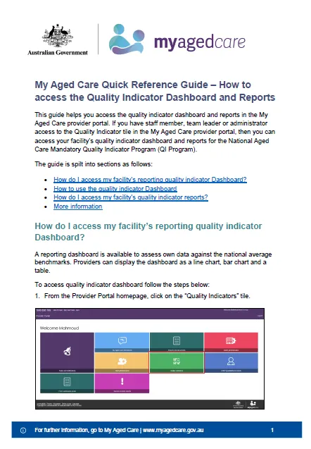Cover image for My Aged Care Quick Reference Guide – How to access the Quality Indicator Dashboard and Reports