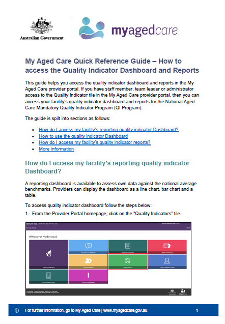 Cover image for My Aged Care Quick Reference Guide – How to access the Quality Indicator Dashboard and Reports