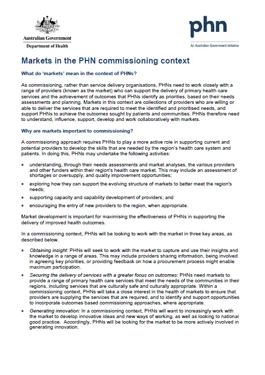 Cover image for Primary Health Networks (PHNs) – commissioning information sheet – markets