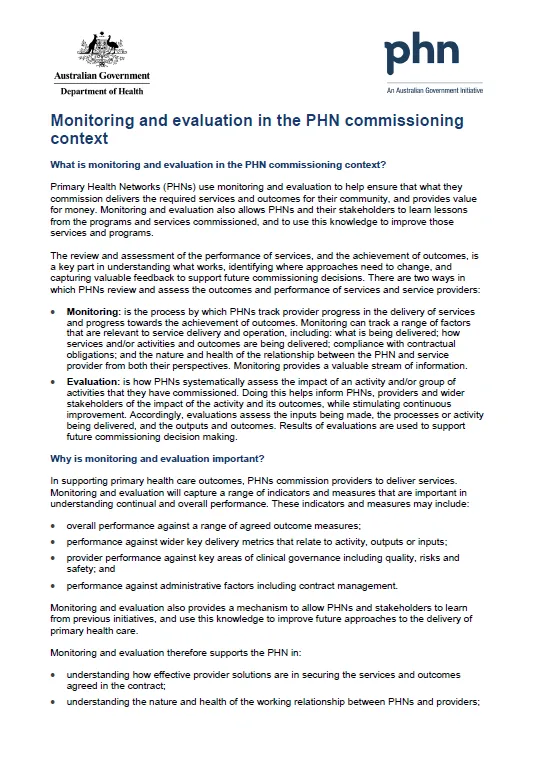 Cover image for Primary Health Networks (PHNs) – commissioning information sheet – monitoring and evaluation