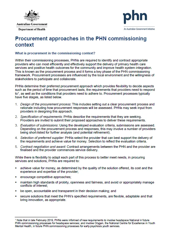 Cover image for Primary Health Networks (PHNs) – commissioning information sheet – procurement approaches