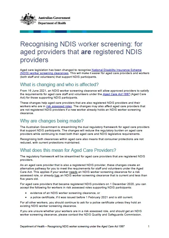 Recognising NDIS worker screening – for aged care providers that are registered NDIS providers
