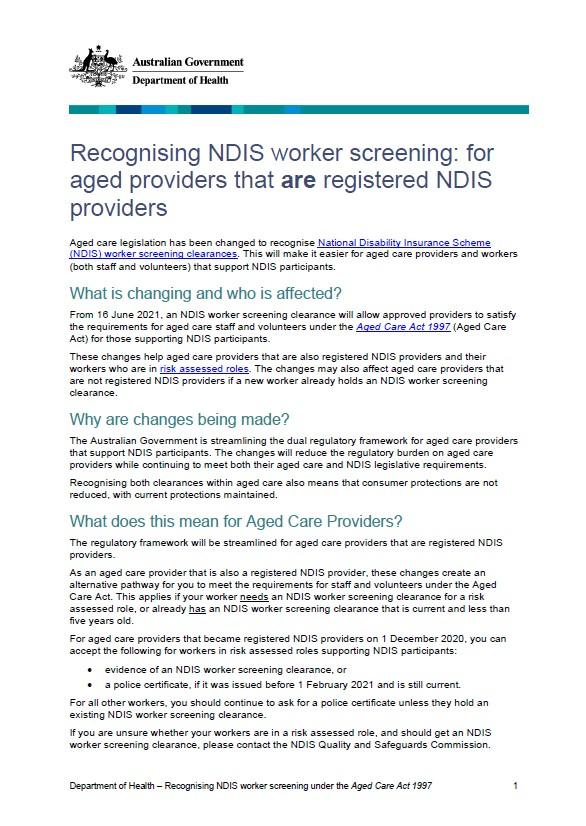 Recognising NDIS worker screening – for aged care providers that are registered NDIS providers