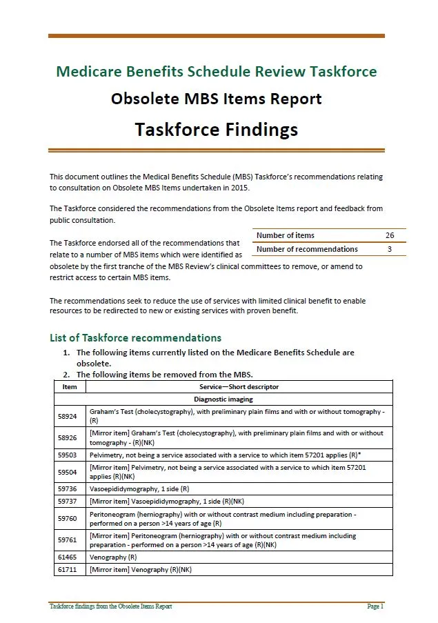 Cover image of Taskforce findings – Obsolete MBS items report