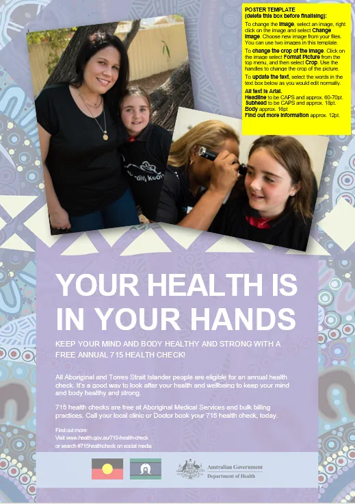 Cover image for Annual health check for Aboriginal and Torres Strait Islander people – template – poster with 2 images