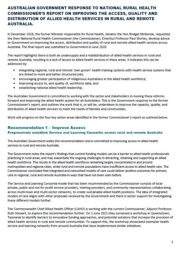 Government Response to the former National Rural Health Commissioner’s Report on Rural Allied Health Services