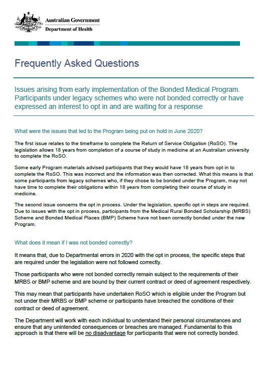 Bonded Medical Program Frequently Asked Questions – July 2021