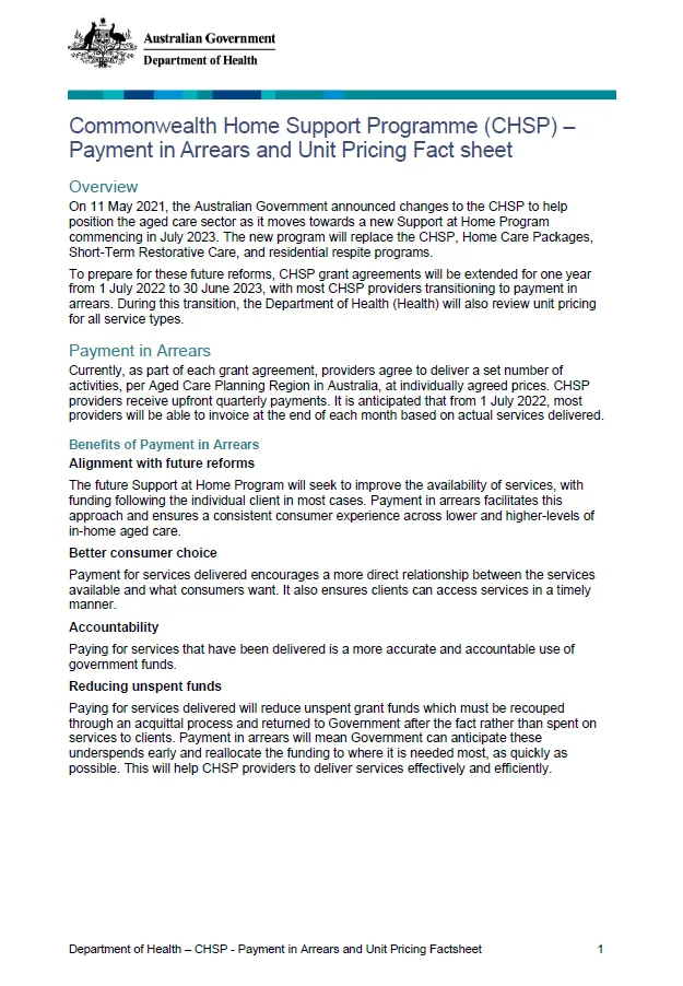 Commonwealth Home Support Programme - Payment in Arrears and Unit Pricing Factsheet 