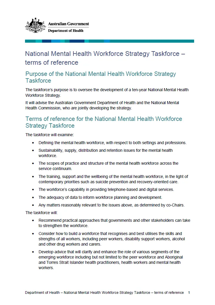 National Mental Health Workforce Strategy Taskforce – terms of reference