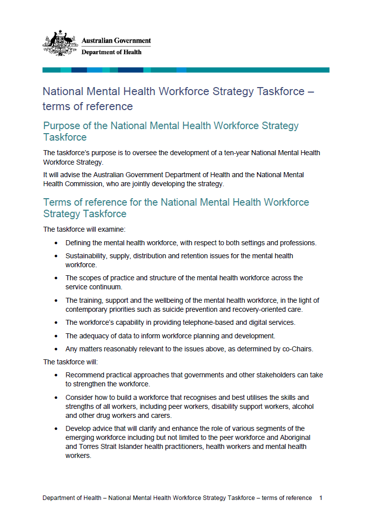 National Mental Health Workforce Strategy Taskforce – terms of reference