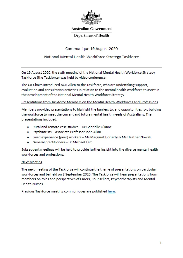 NMHWS taskforce meeting communique – 19 August 2020