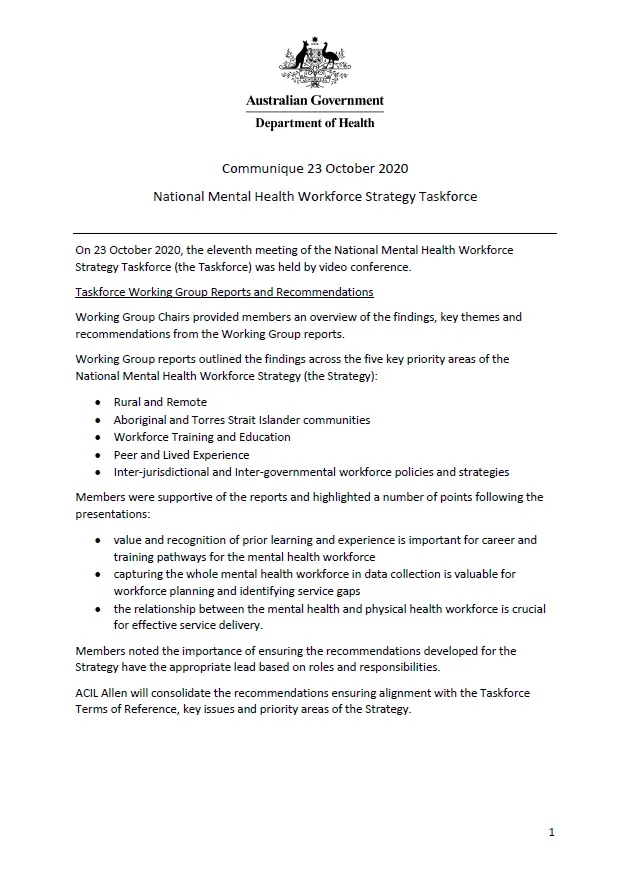 NMHWS taskforce meeting communique – 23 October 2020