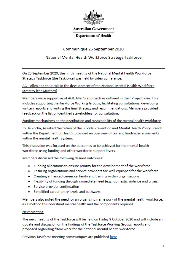 NMHWS taskforce meeting communique – 25 September 2020