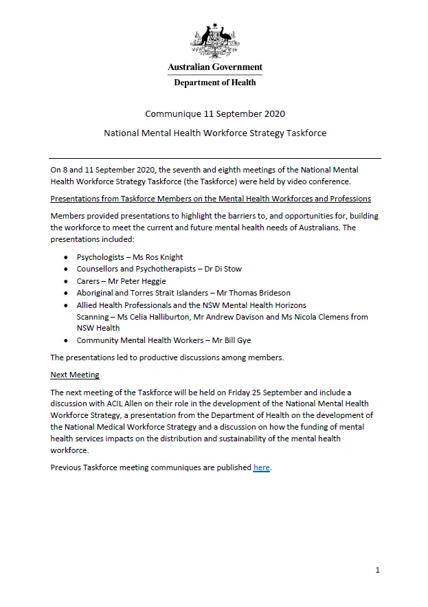 NMHWS taskforce meeting communique – 8 and 11 September 2020