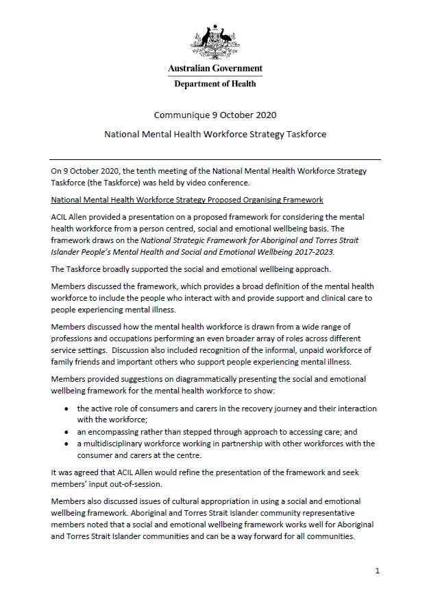 NMHWS taskforce meeting communique – 9 October 2020