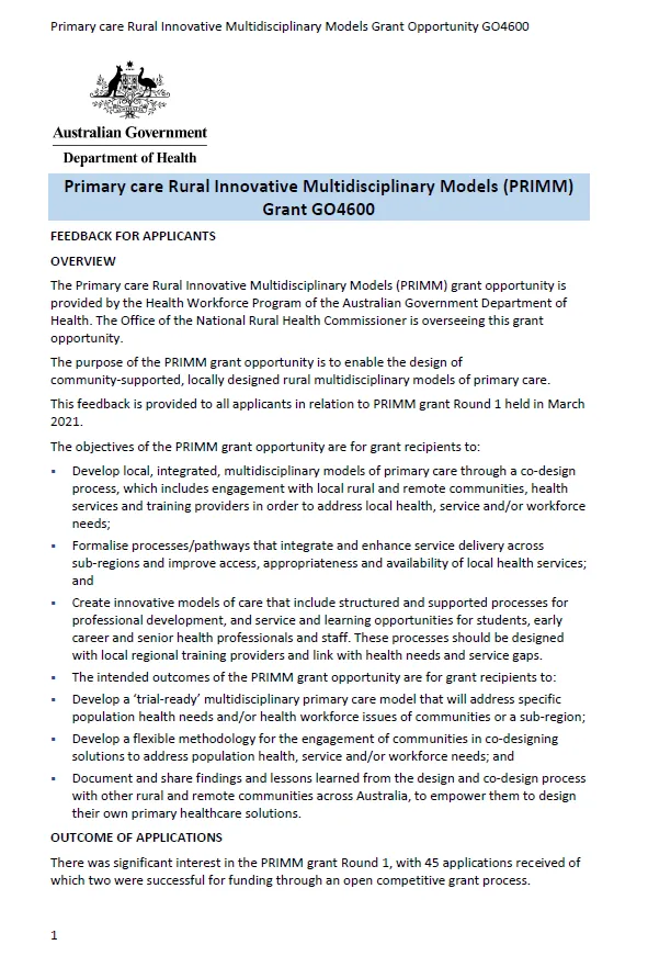 Primary care Rural Innovative Multidisciplinary Models (PRIMM) Grant GO4600