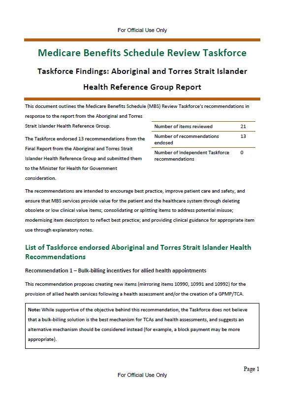 Taskforce findings – Aboriginal and Torres Strait Islander Health Reference Group report