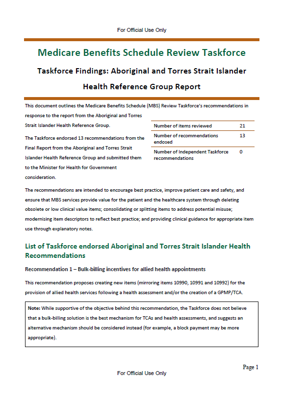 Taskforce findings – Aboriginal and Torres Strait Islander Health Reference Group report
