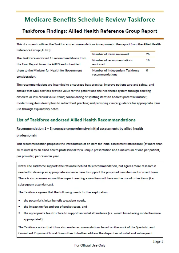 Taskforce findings – Allied Health Reference Group report