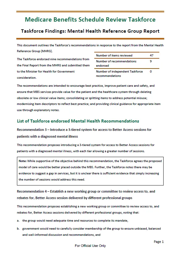 Taskforce findings – Mental Health Reference Group report