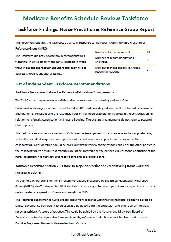 Taskforce findings – Nurse Practitioner Reference Group report