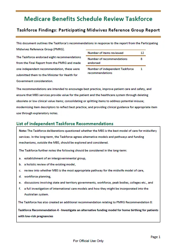 Taskforce findings – Participating Midwives Reference Group report