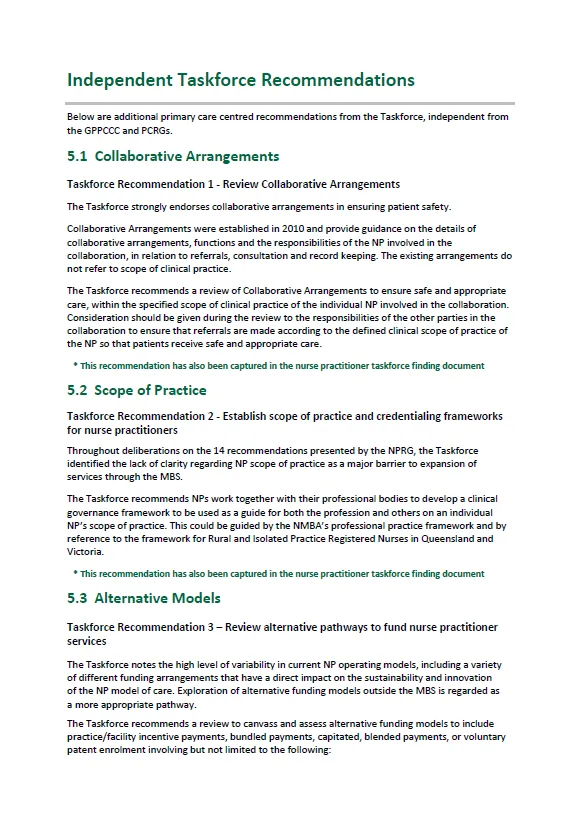 Taskforce recommendations – Primary Care