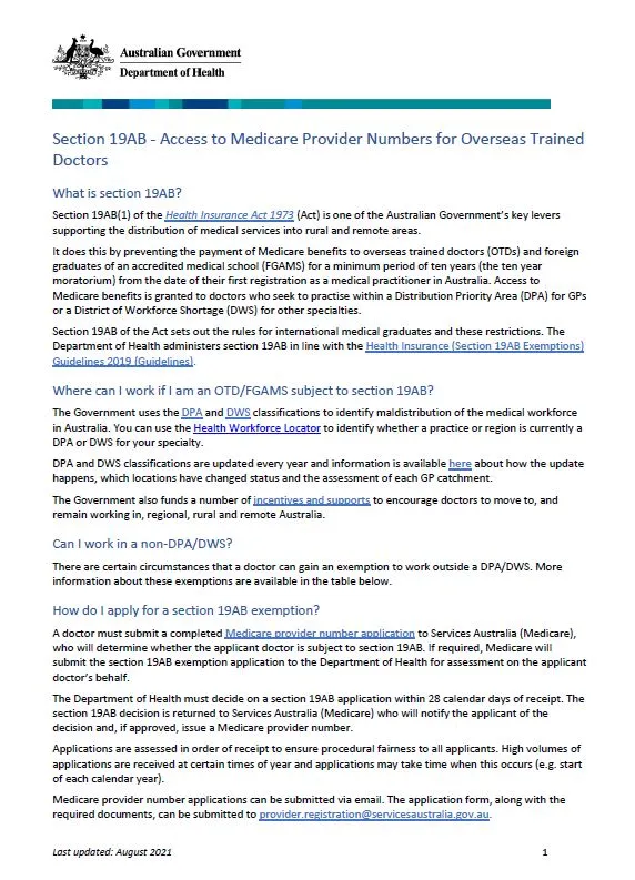 Section 19AB - Access to Medicare Provider Numbers for Overseas Trained Doctors 