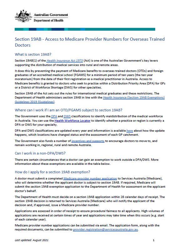 Section 19AB - Access to Medicare Provider Numbers for Overseas Trained Doctors 