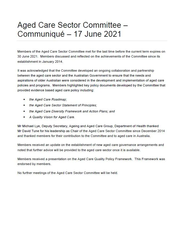 Aged Care Sector Committee 2021 Communiques