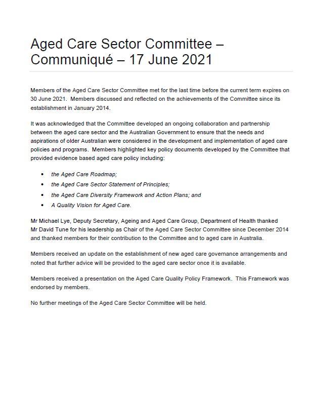 Aged Care Sector Committee 2021 Communiques