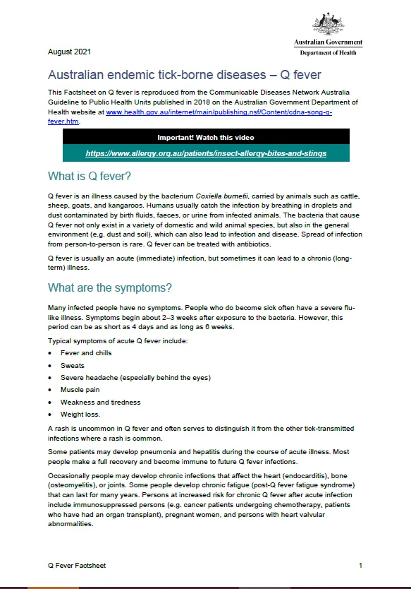Cover image of the Australian endemic tick-borne diseases – Q fever fact sheet