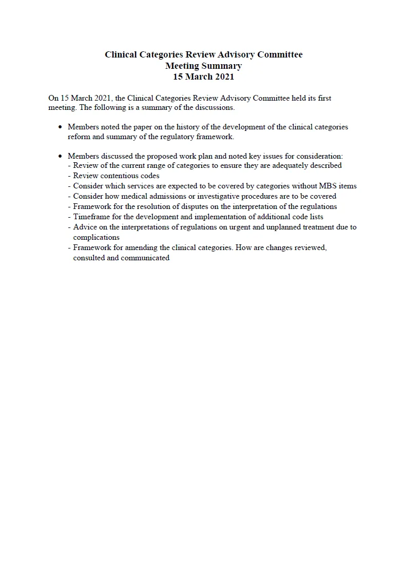 Clinical Categories Review Advisory Committee – meeting summary – 15 March 2021