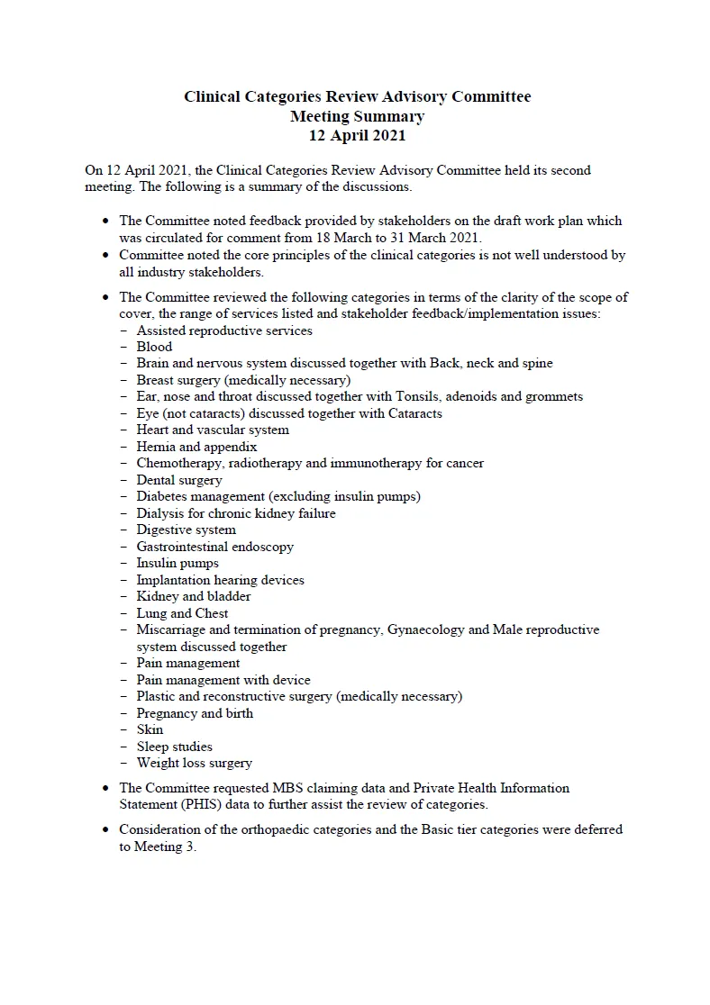 Clinical Categories Review Advisory Committee – meeting summary – 12 April 2021