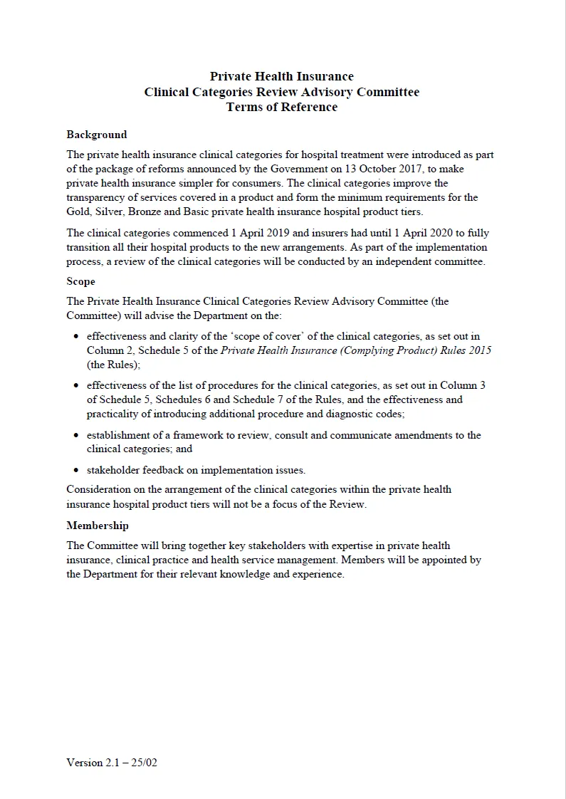 Clinical Categories Review Advisory Committee – terms of reference