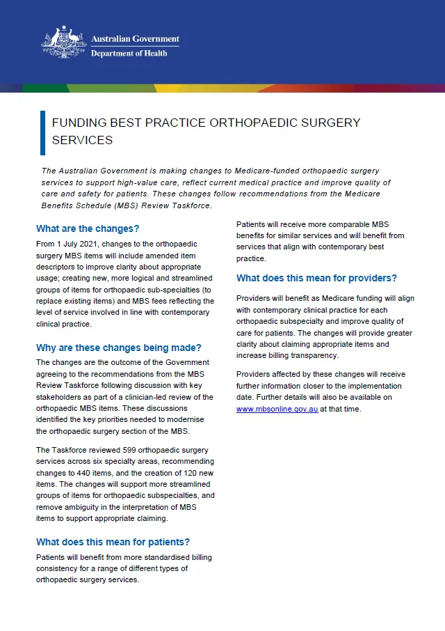 Cover image of the funding best practice orthopaedic surgery services fact sheet
