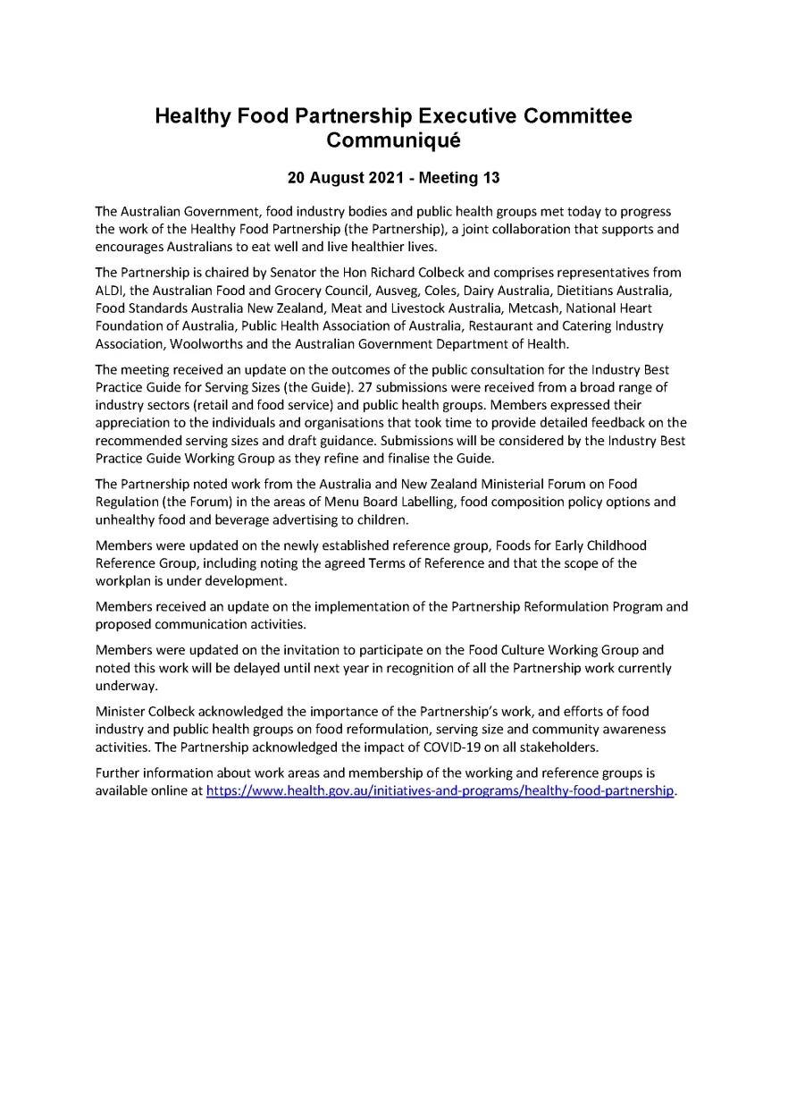 Healthy Food Partnership Program – Executive Committee communique – August 2021