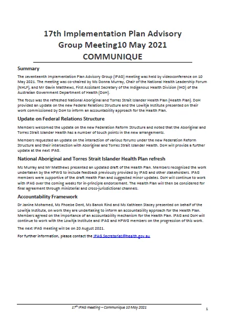 Implementation Plan Advisory Group (IPAG) communique – 10 May 2021