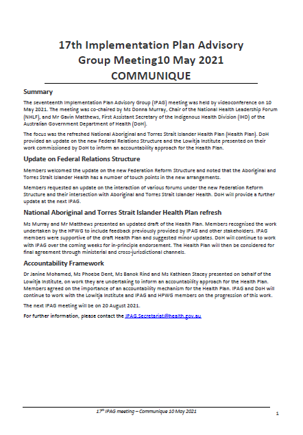 Implementation Plan Advisory Group (IPAG) communique – 10 May 2021