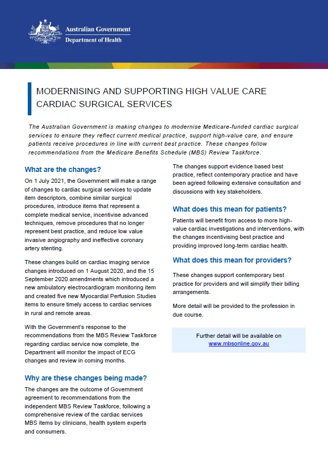 Cover image of the modernising and supporting high value care cardiac surgical services fact sheet