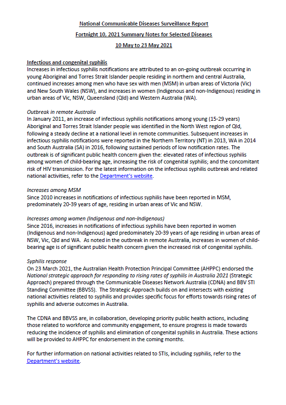 Cover image for National Notifiable Diseases Surveillance System fortnightly reports – 10 to 23 May 2021
