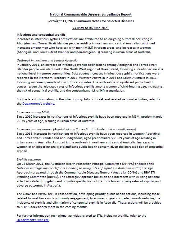 Cover image for National Notifiable Diseases Surveillance System fortnightly reports – 24 May to 6 June 2021