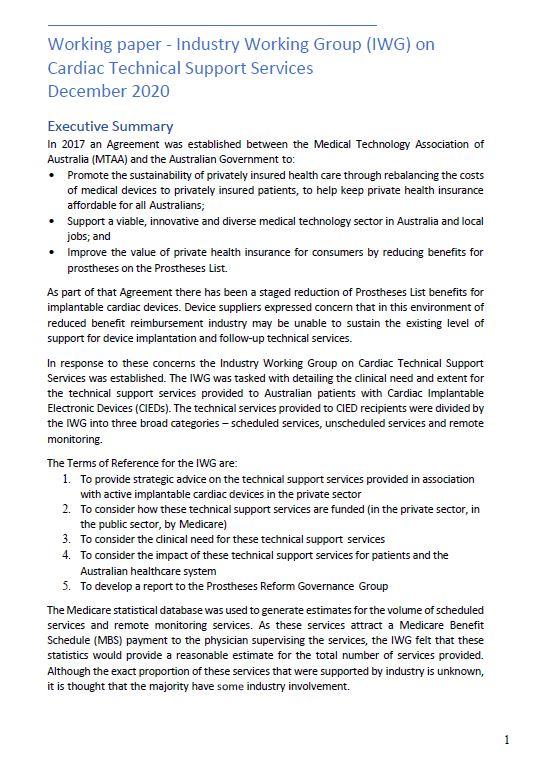 Working paper - Industry Working Group (IWG) on Cardiac Technical Support Services December 2020