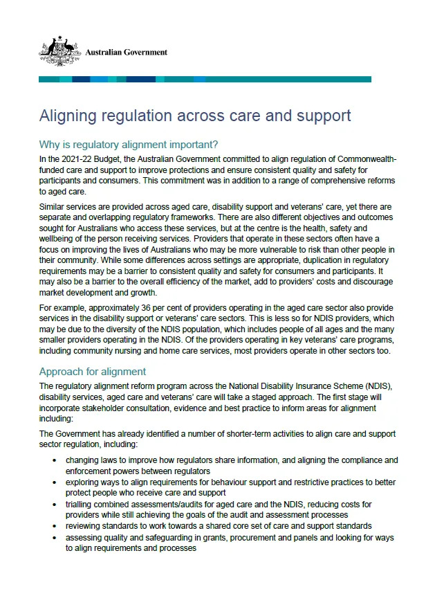 Aligning regulation across care and support