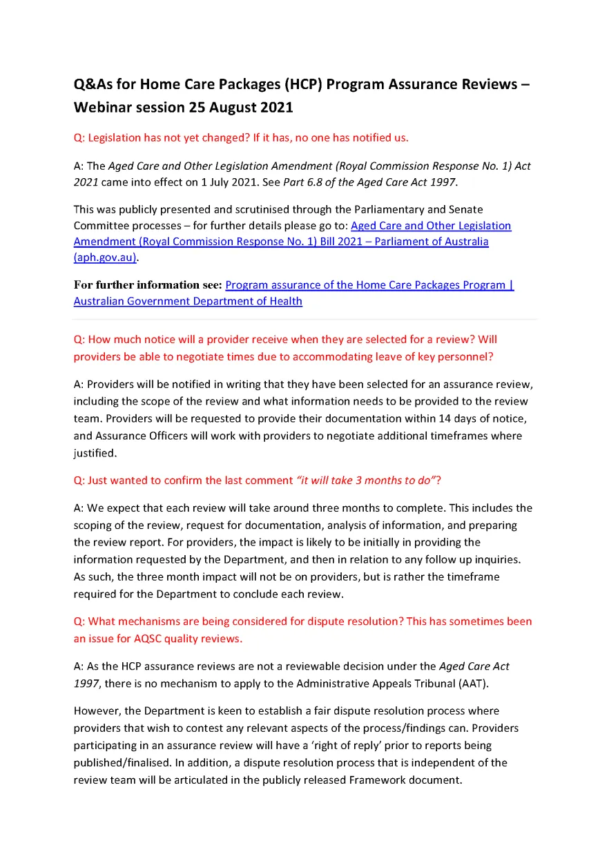 Home Care Packages Program - Question and Answer