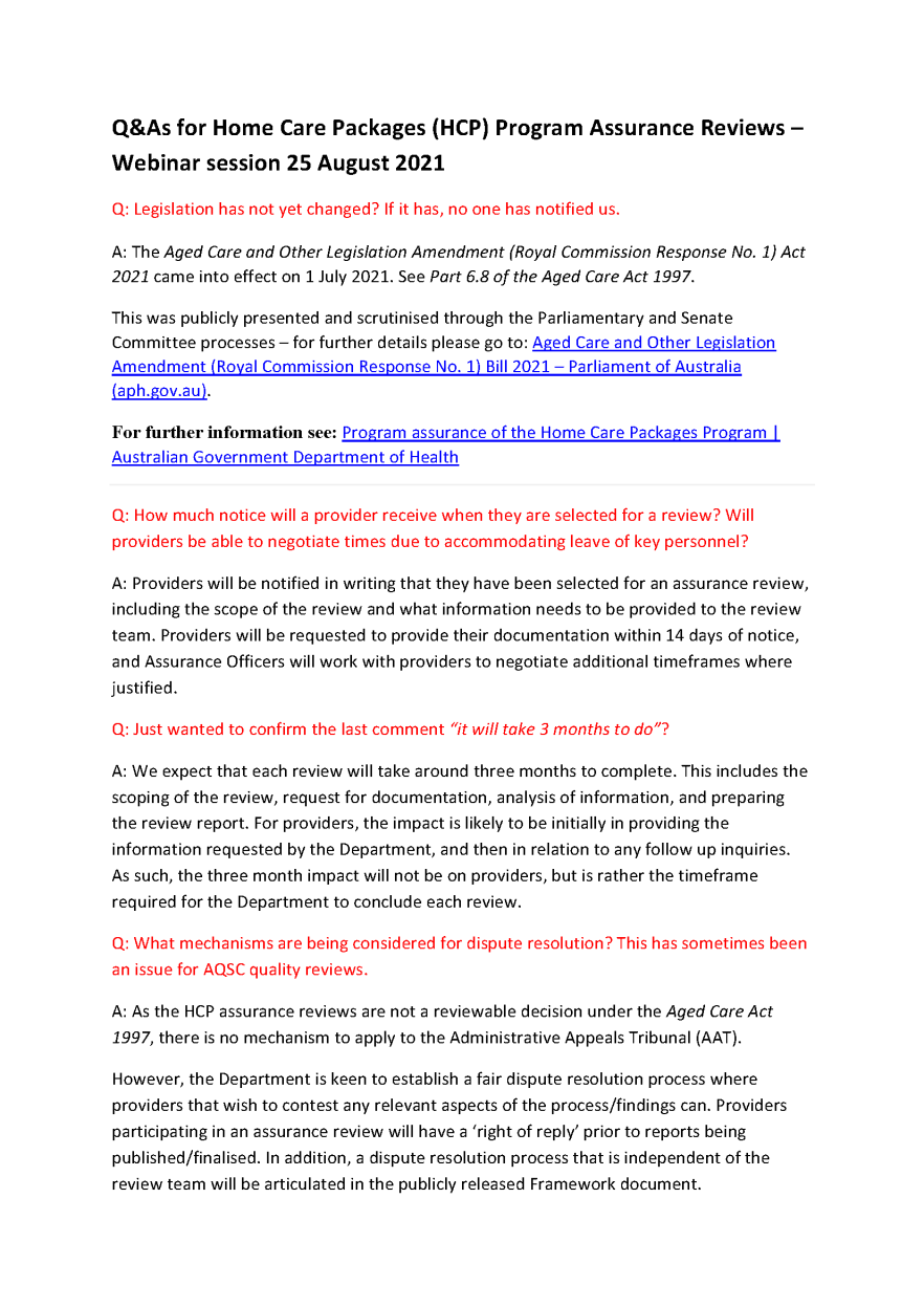 Home Care Packages Program - Question and Answer