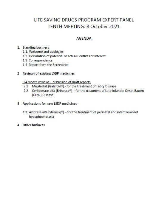 Life Saving Drugs Program (LSDP) Expert Panel meeting agenda – 8th October 2021