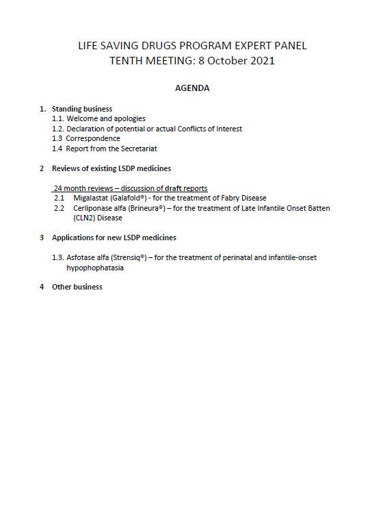 Life Saving Drugs Program (LSDP) Expert Panel meeting agenda – 8th October 2021