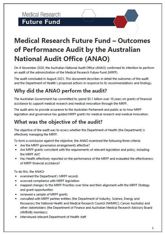 Medical Research Future Fund – Outcomes of Performance Audit by the Australian National Audit Office (ANAO)